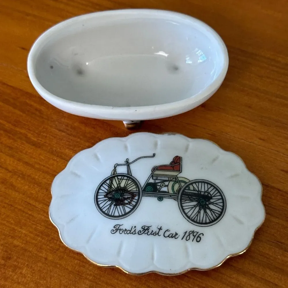Ford's First Car 1896 Vintage Porcelain Trinket Box with lid Gold trim 70’s